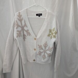33 Degrees Sweater Womens M Button Front Cardigan Winter Snowflakes Soft!‎